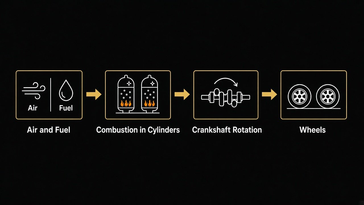 Schematic showing air and fuel leading to combustion, then crankshaft rotation, then the wheels