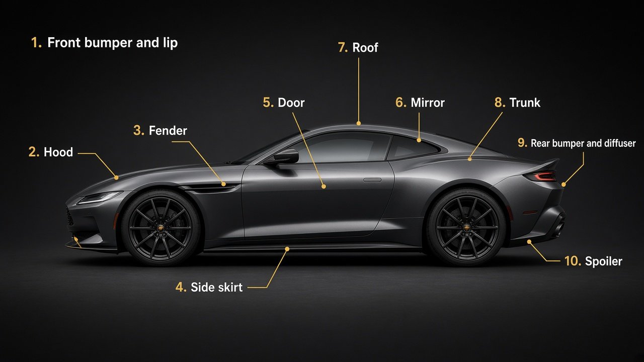 Side-view diagram labeling front bumper, hood, fender, side skirt, door, mirror, roof, trunk, rear bumper, and spoiler